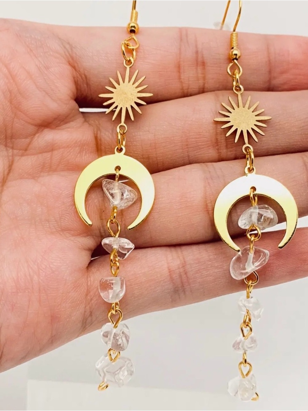 Gold Crescent Moon & Sun Dangle Earrings with Clear Crystal Chips